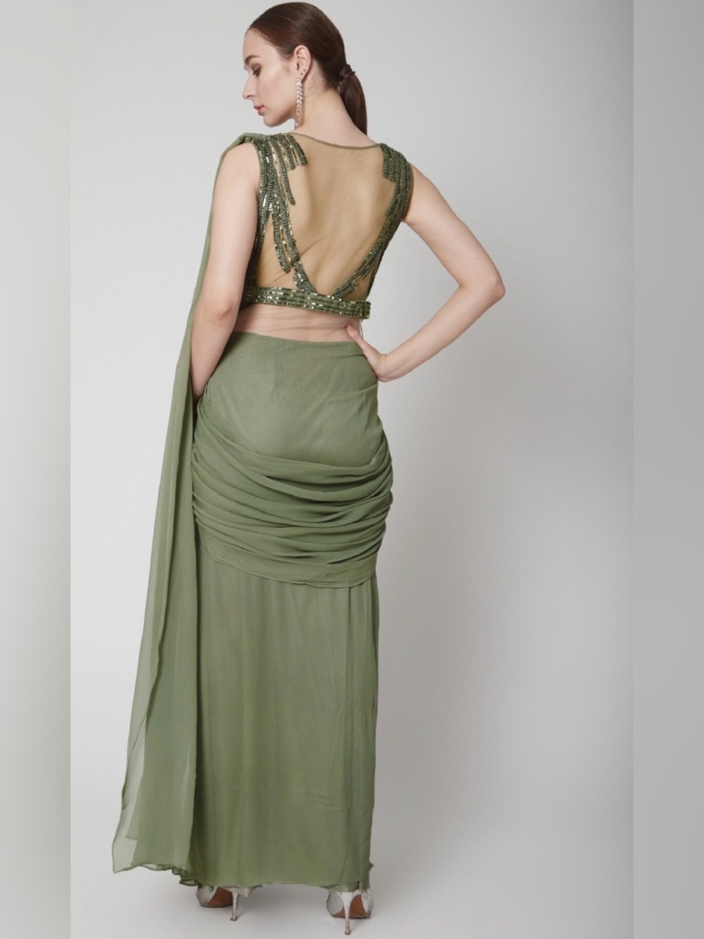 Backless Olive Green Draped Evening Dress